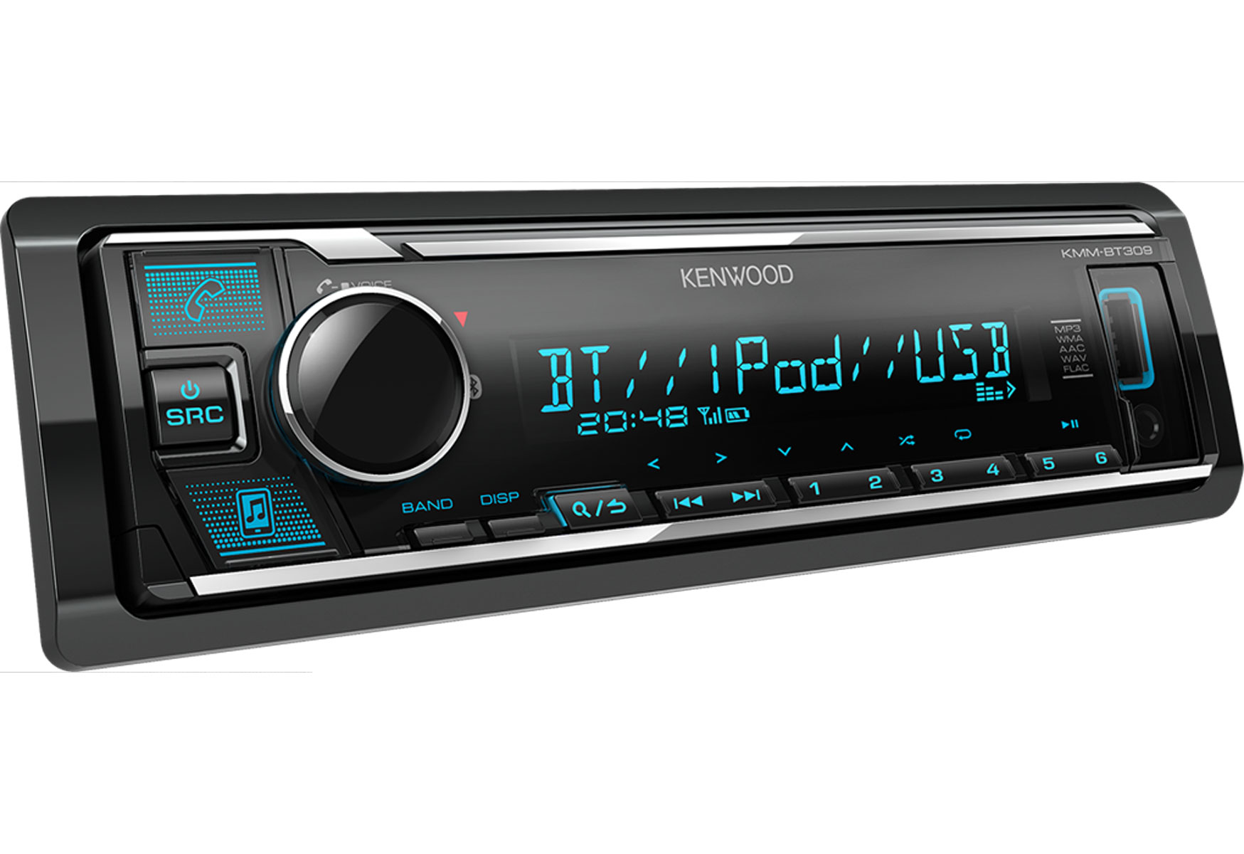 Ein Kenwood Autoradio mit schwarzer Front und blauem Display, das BT, iPod und USB anzeigt.