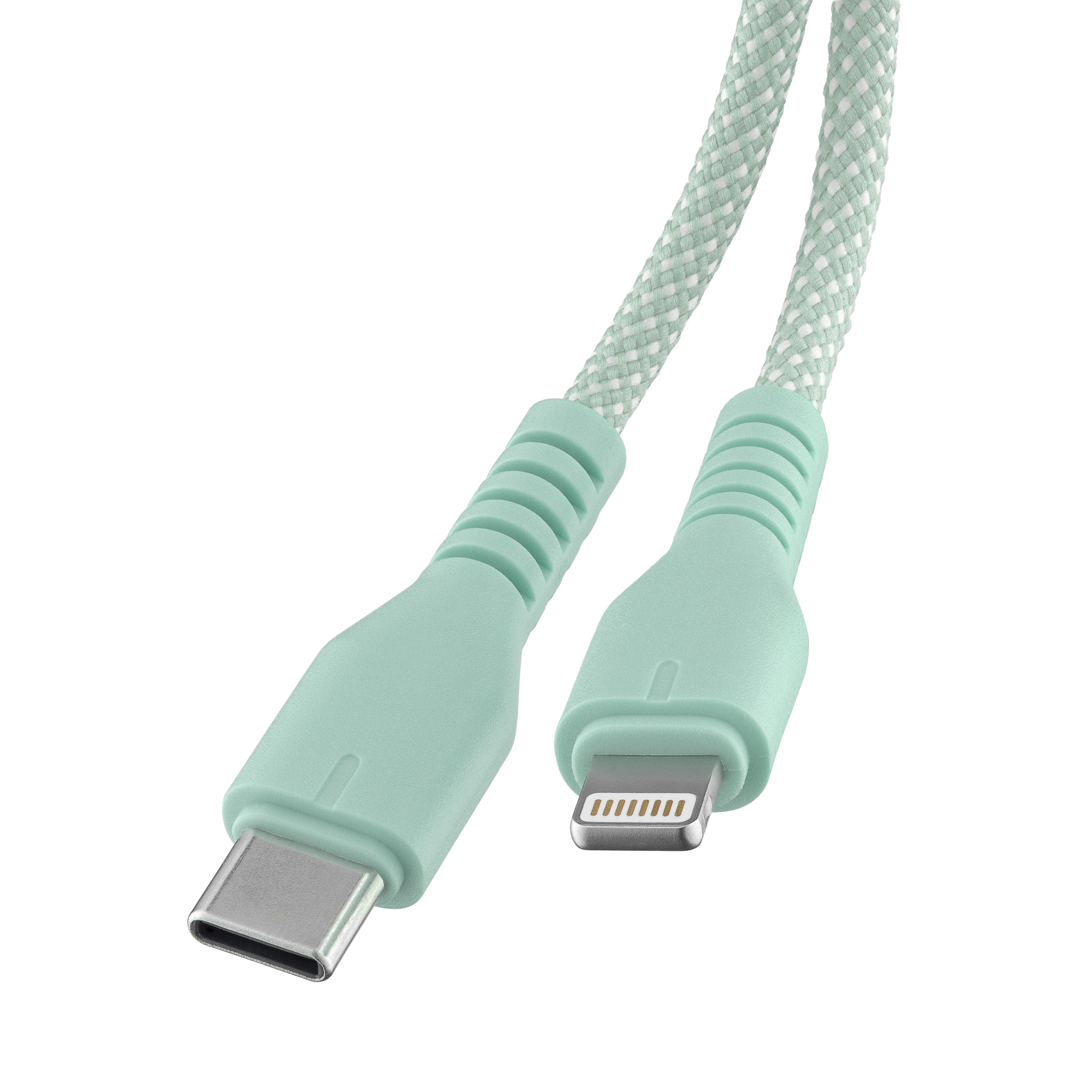 Minzgrünes USB-C-auf-Lightning-Kabel mit geflochtener Schnur auf weißem Hintergrund.