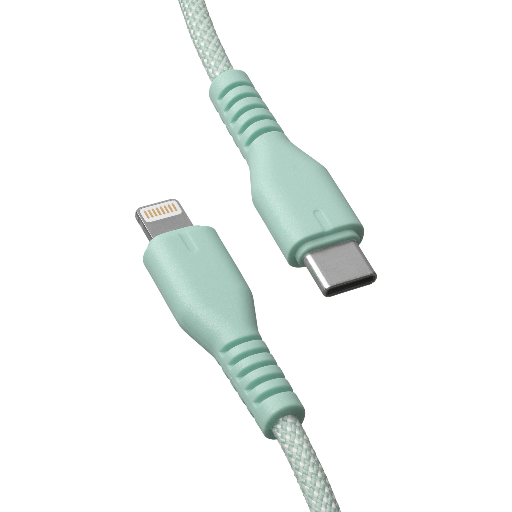 Nahaufnahme von minzgrünen USB-C- und Lightning-Anschlüssen mit geflochtener Schnur auf weißem Hintergrund.