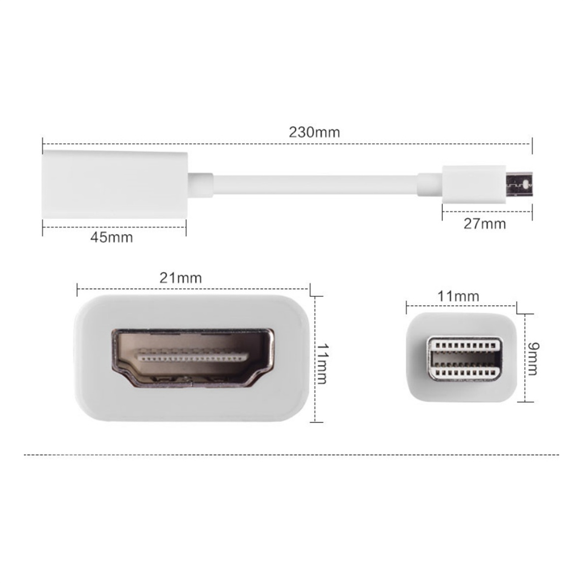 Weißes Adapterkabel mit HDMI- und Mini-DP-Steckern, Abmessungen werden angezeigt.