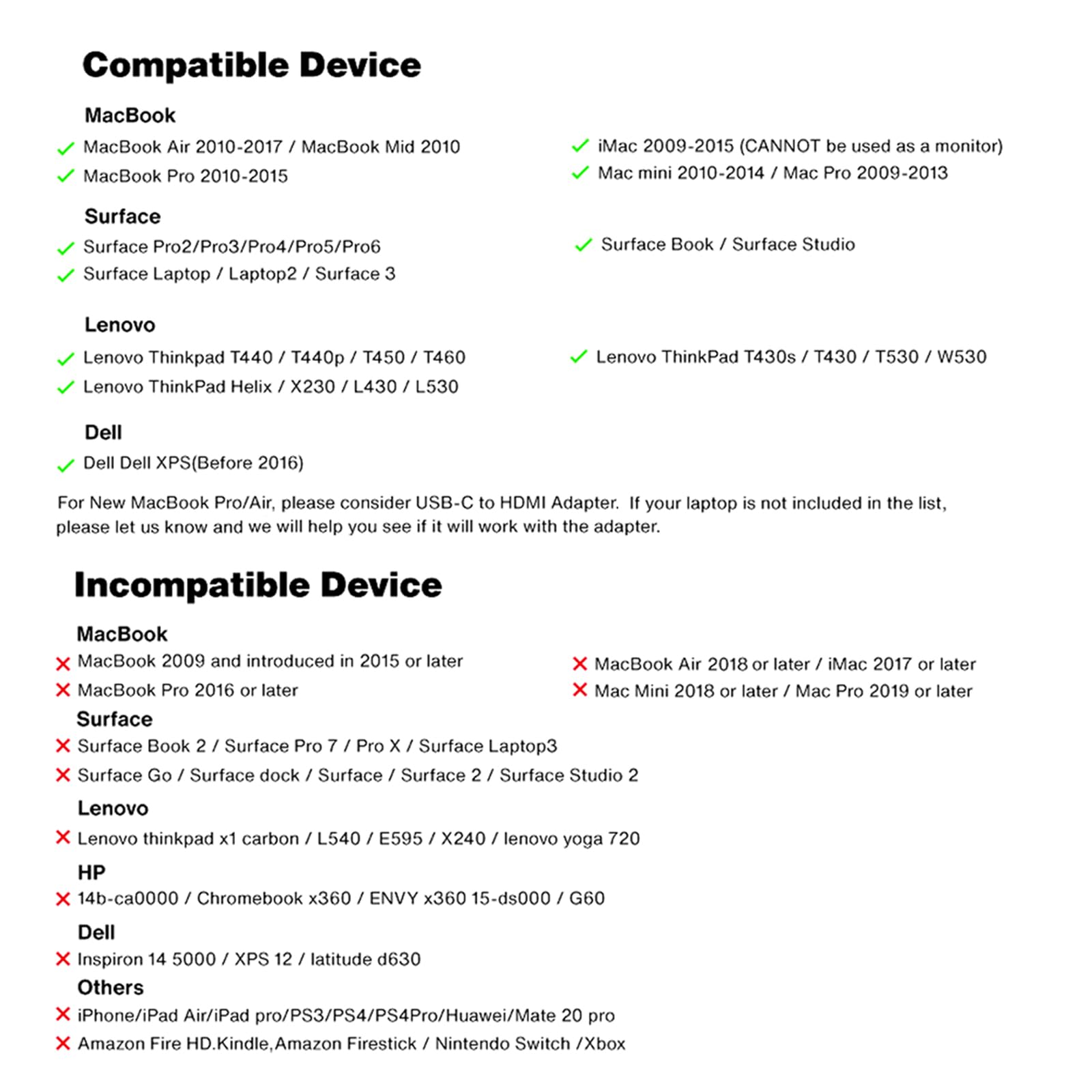 Eine Liste kompatibler und inkompatibler Geräte. Kompatible Geräte sind MacBook, Surface, Lenovo, Dell.