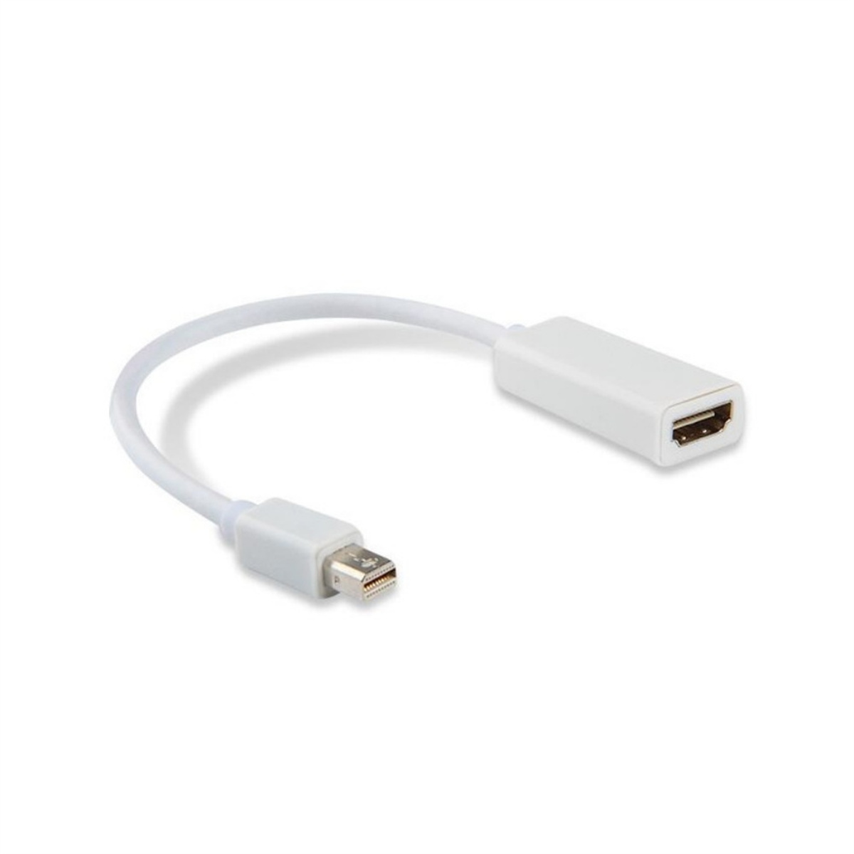 Weißer Mini-DisplayPort-zu-HDMI-Adapter. Er hat einen Mini-DisplayPort-Anschluss und einen HDMI-Anschluss.