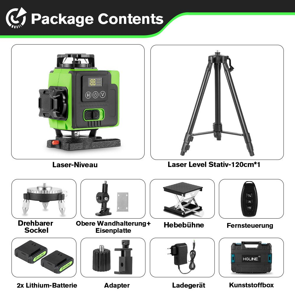 Paketinhalt: Laserwaage, Stativ, Drehfuß, Wandhalterung, Hebebühne, Fernbedienung, Batterien, Adapter, Ladegerät, Box.