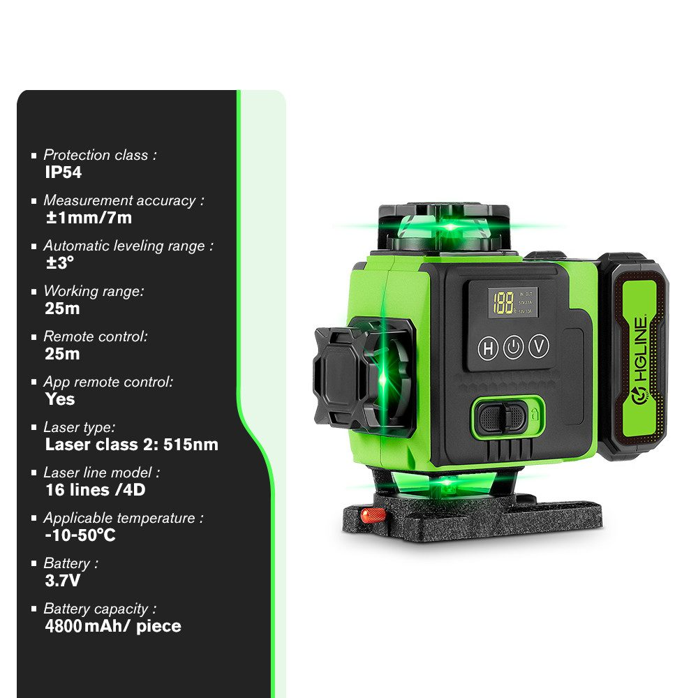 Laserpegel mit Spezifikationen: IP54, ±1mm/7m Genauigkeit, ±3° Nivellierbereich, 25m Arbeitsbereich und Fernbedienung.