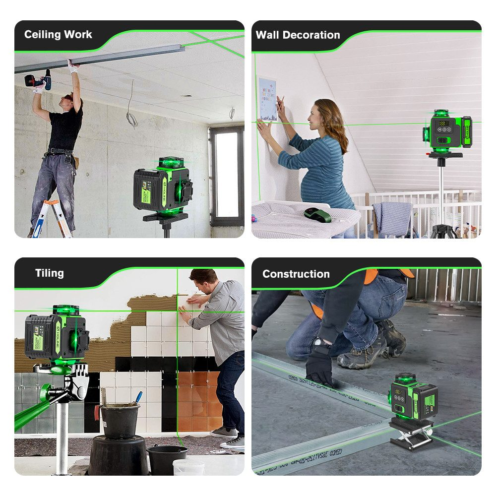 Vier Bilder, die Laserwasserwaagen bei Deckenarbeiten, Wanddekoration, Fliesenarbeiten und Bauarbeiten zeigen.