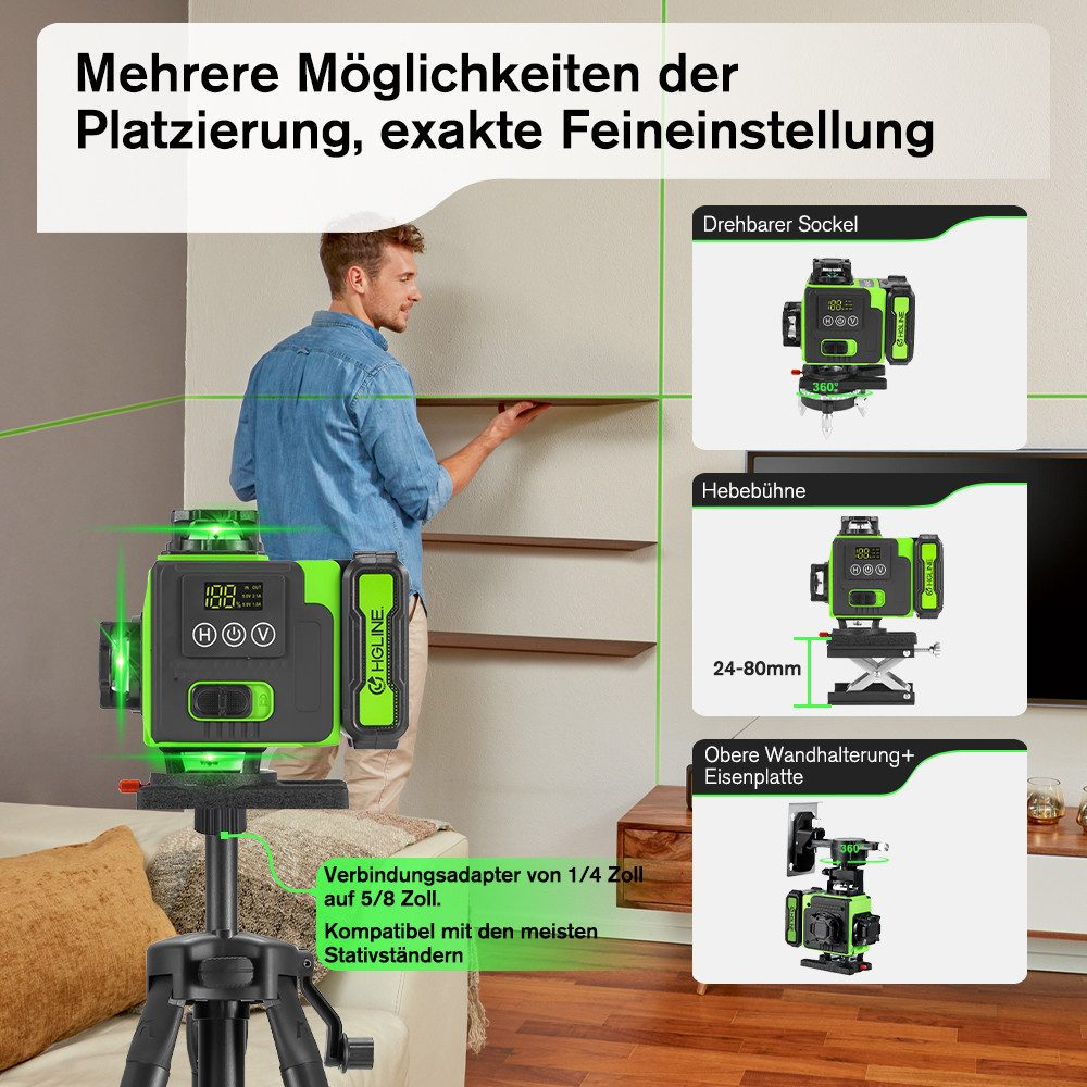 Mann benutzt einen grünen Laserpegel mit Stativ auf dem Regal, plus andere Platzierungsoptionen mit Zubehör.