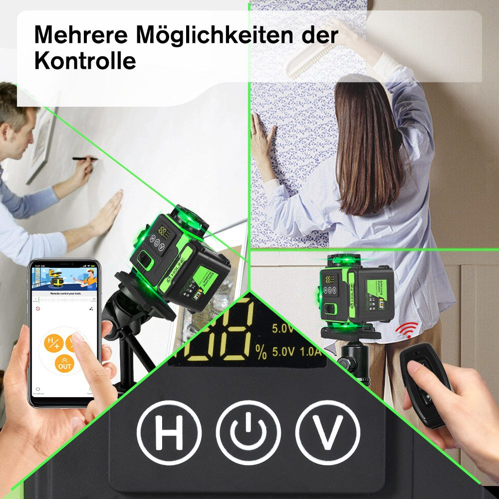 Personen benutzen einen grünen Laserpegel. Einer an einer Wand und ein anderer mit einer Telefon-App. Fernbedienung ist enthalten.