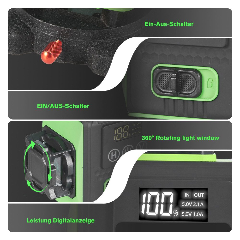 Nahaufnahme eines Laserpegels mit Ein-/Ausschalter, Display und digitaler Leistungsanzeige. Details des Geräts.