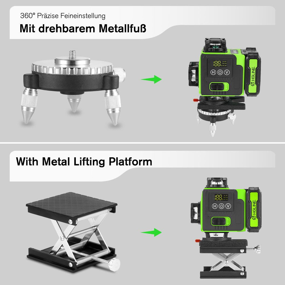 Das Bild zeigt ein Laser-Niveau mit Feinabstimmungsbasis und einer Metall-Hebeplattform, die seine Funktionen hervorheben.