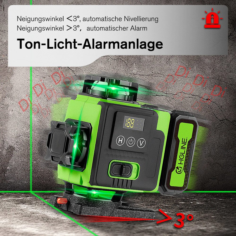 Ein grünes Laser-Niveau mit Text über Neigungswinkel und Alarm. Das Gerät steht auf einer strukturierten Oberfläche.