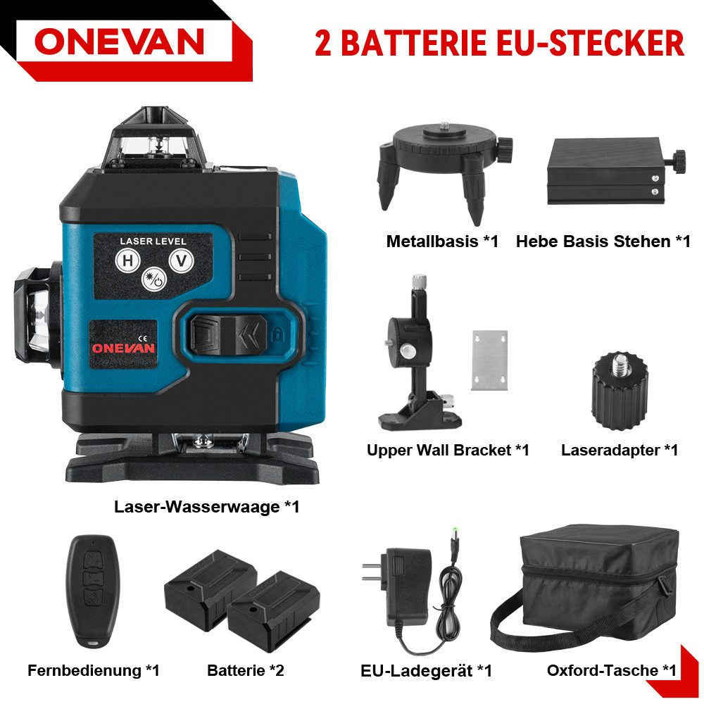 Laser-Niveau-Kit mit verschiedenen Zubehörteilen: Fernbedienung, Batterien, Ladegerät und eine Tragetasche, alles ausgebreitet.