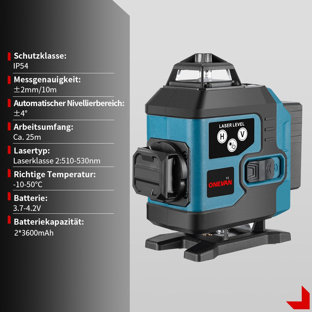 Ein blaues und schwarzes Laser-Niveau mit Spezifikationen auf der linken Seite. Detaillierte Messungen und Funktionen sind notiert.