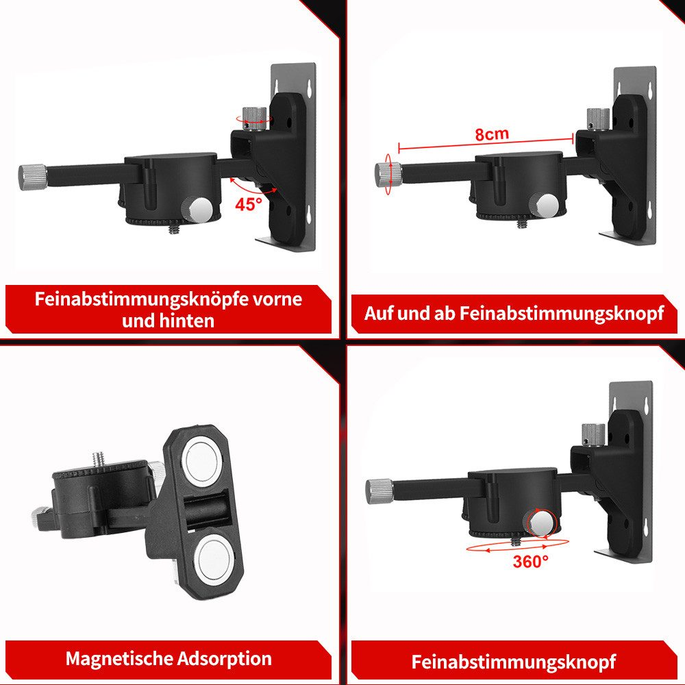 Wandhalterung mit 45°-Einstellung, Feineinstellknöpfen und 360°-Drehung, wobei die magnetische Adsorption betont wird.
