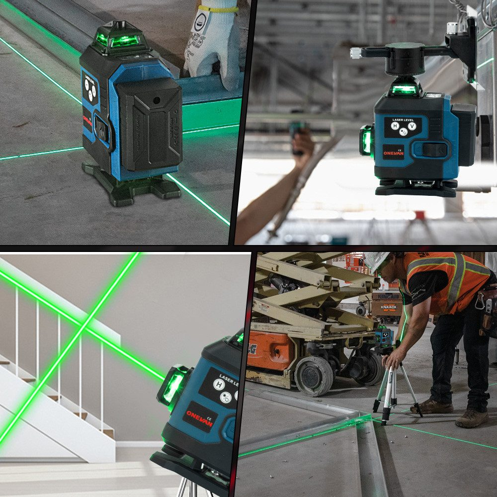 Collage von Laser-Nivelliergeräten im Einsatz auf Baustellen, zeigt grüne Laserlinien.