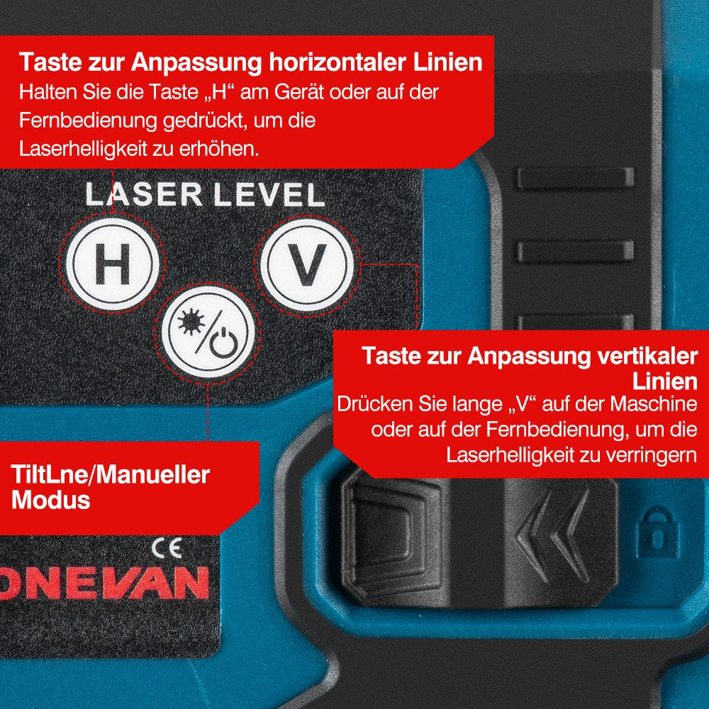 Nahaufnahme eines Laser-Niveaus mit Tasten, die für horizontale und vertikale Linienanpassungen beschriftet sind. Das Gerät zeigt das CE-Zeichen.