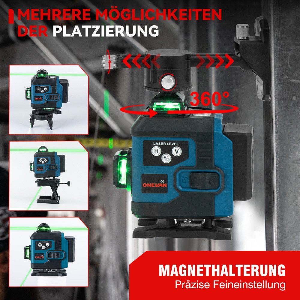 Laser-Nivelliergerät mit mehreren Platzierungsoptionen und Magnetbefestigung, zeigt grüne Laserstrahlen.