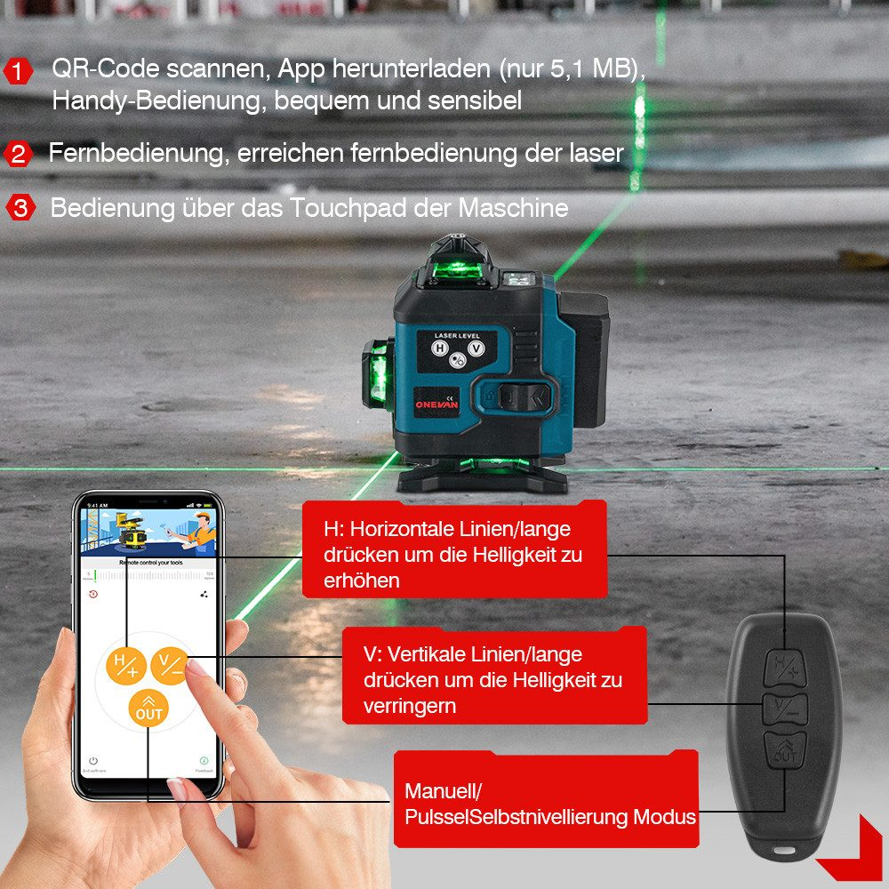Eine Person verwendet ein Smartphone, um ein Laser-Niveau zu steuern. Das Gerät zeigt die App und Fernbedienungsfunktionen.