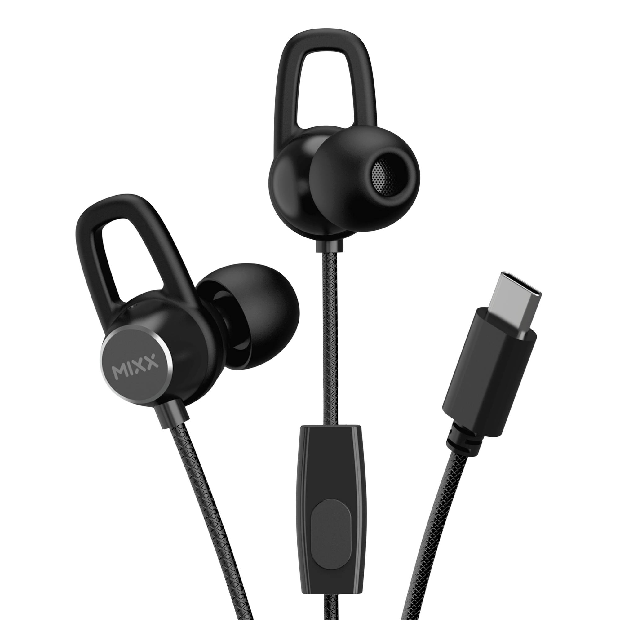 Auricolari neri con il marchio MIXX e un connettore USB-C.