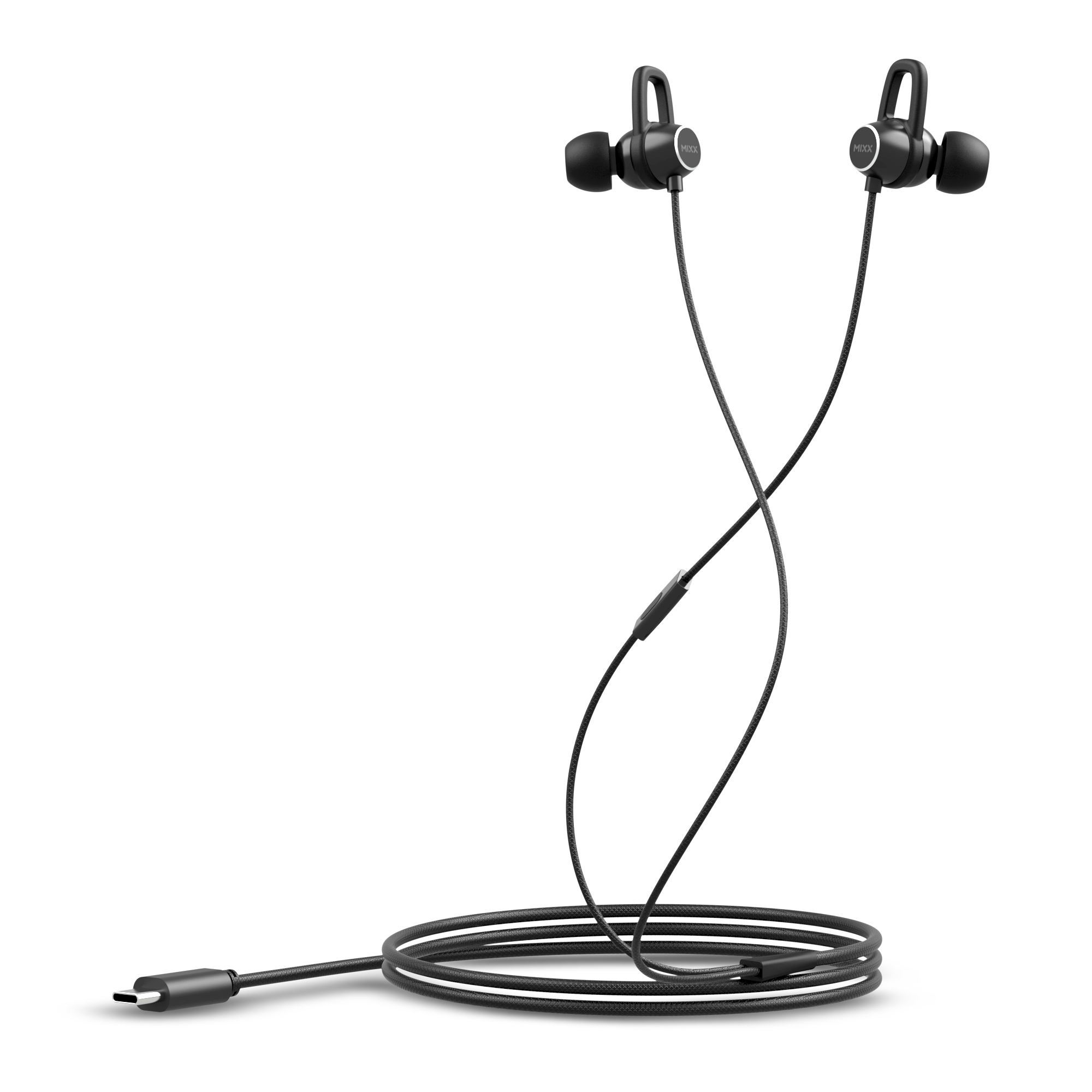 Auricolari neri con filo di collegamento e connettore USB-C, sfondo bianco.