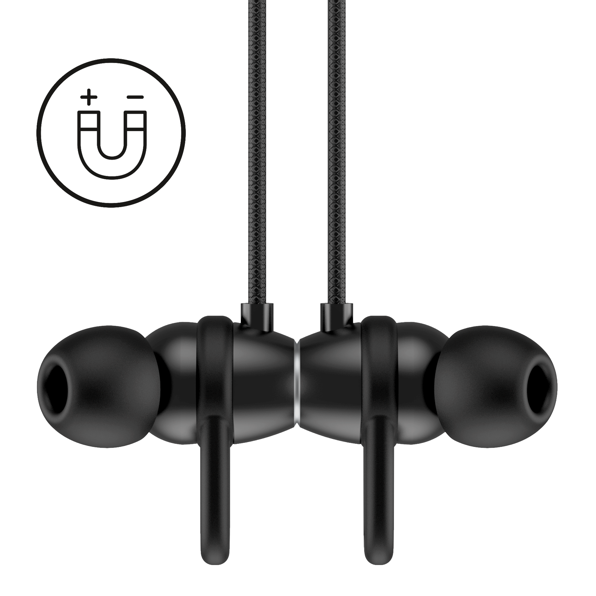 Auricolari neri con filo e un'icona magnetica, su sfondo bianco.