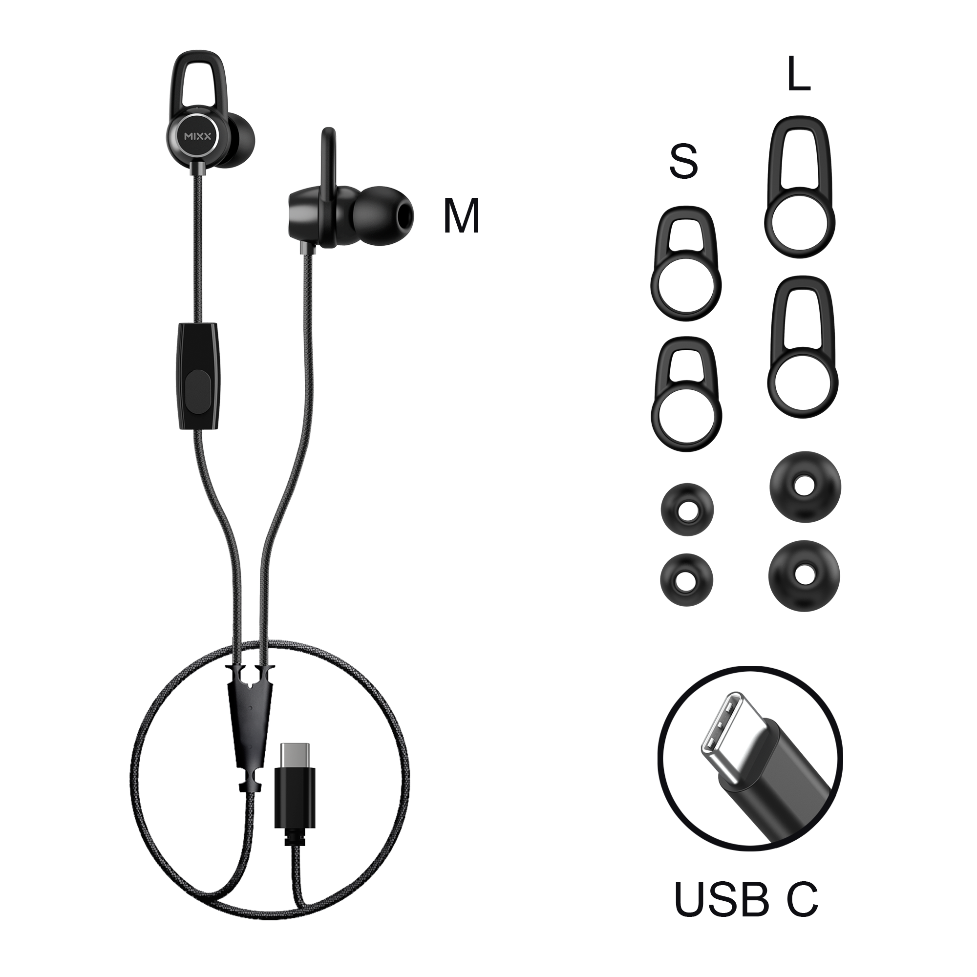 Auricolari neri con filo, vari gommini e un cavo USB C, su sfondo bianco.