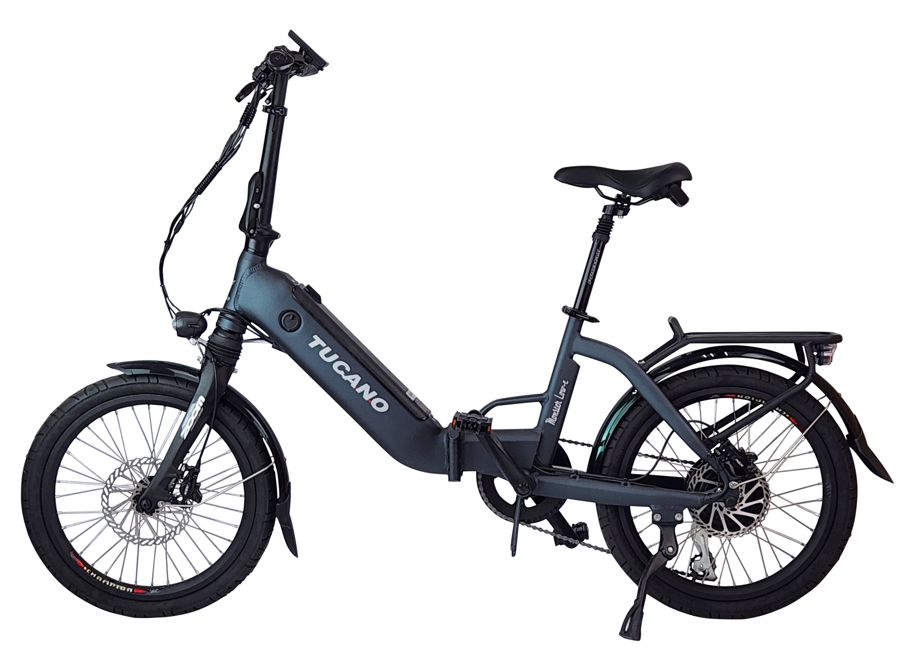 Bicicleta eléctrica plegable Tucano gris. La bici está sobre fondo blanco. Tiene ruedas grandes y un motor.