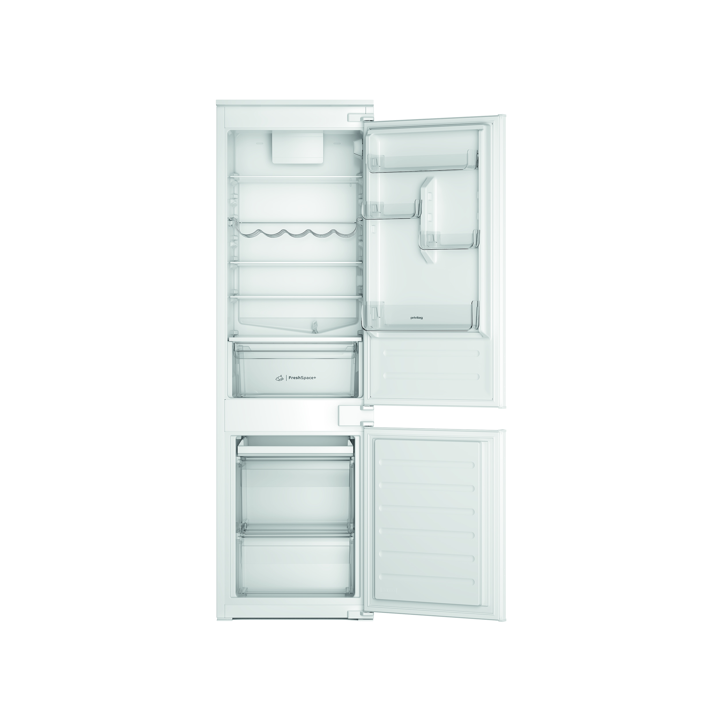 Offener weißer Kühlschrank mit Regalen und Schubladen. Weißer Hintergrund.