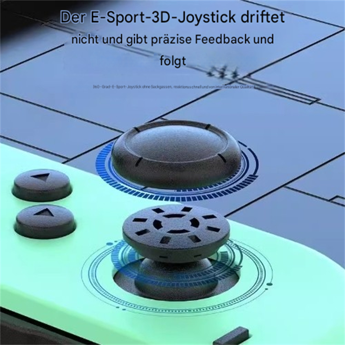 Gaming-Controller mit Joystick und Knöpfen auf hellgrüner Oberfläche mit blauen Akzenten.