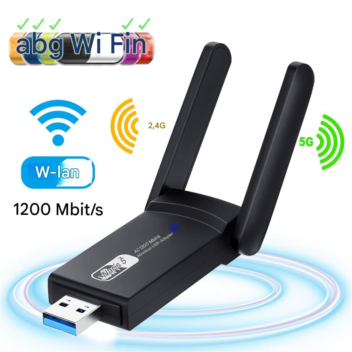 Schwarzer USB-WLAN-Adapter mit zwei Antennen und Logos, die WLAN-Standards und Geschwindigkeit anzeigen.