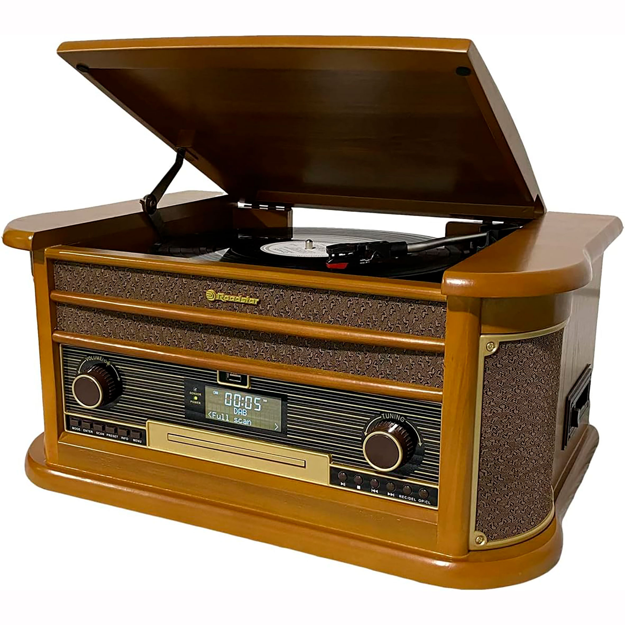 Tocadiscos vintage de madera con tapa abierta, plato giratorio negro y panel de control. Madera marrón, diseño retro con pantalla.