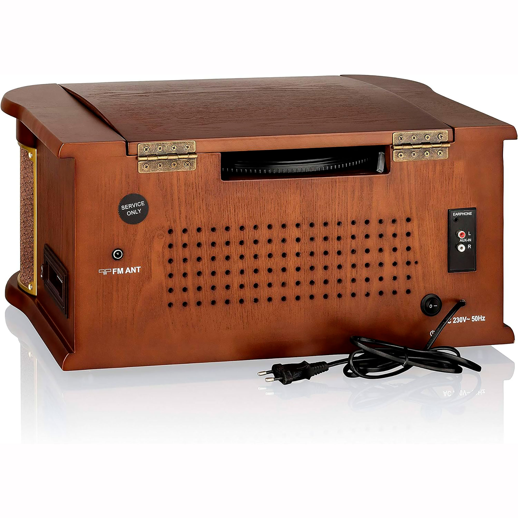 Vista trasera de un tocadiscos de madera. Madera marrón con orificios de ventilación, cable de alimentación y etiqueta de servicio.