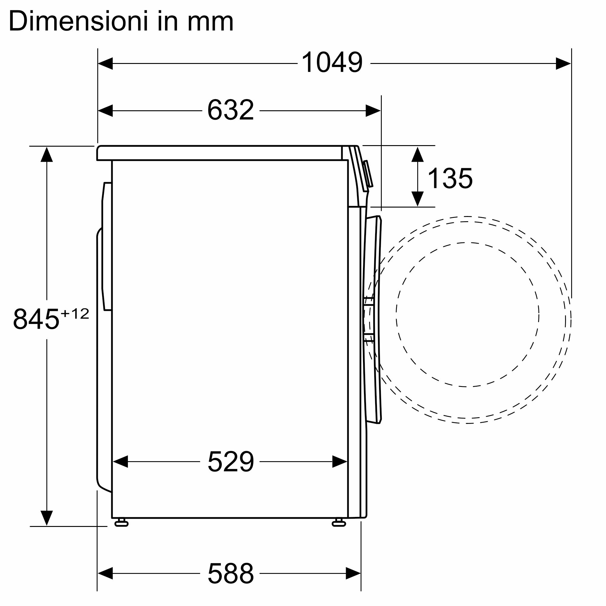 Diagramma di una lavatrice con dimensioni in mm. Mostra altezza, larghezza e profondità.