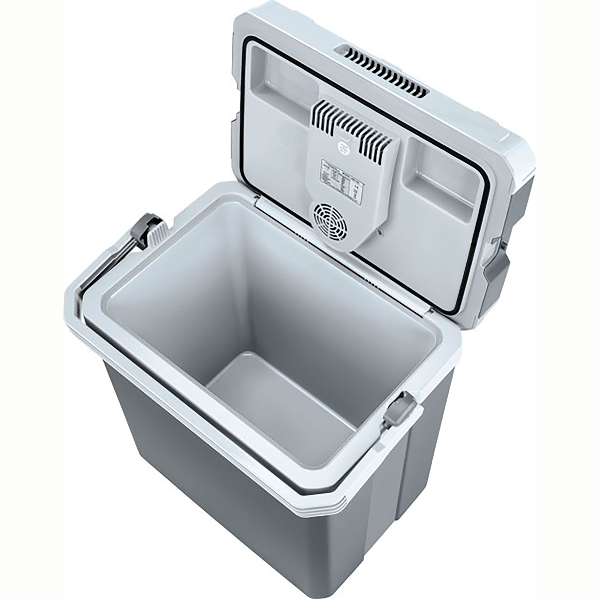 Refrigerador portátil gris y blanco, tapa abierta. Contiene un ventilador, una pantalla pequeña y un interior vacío.