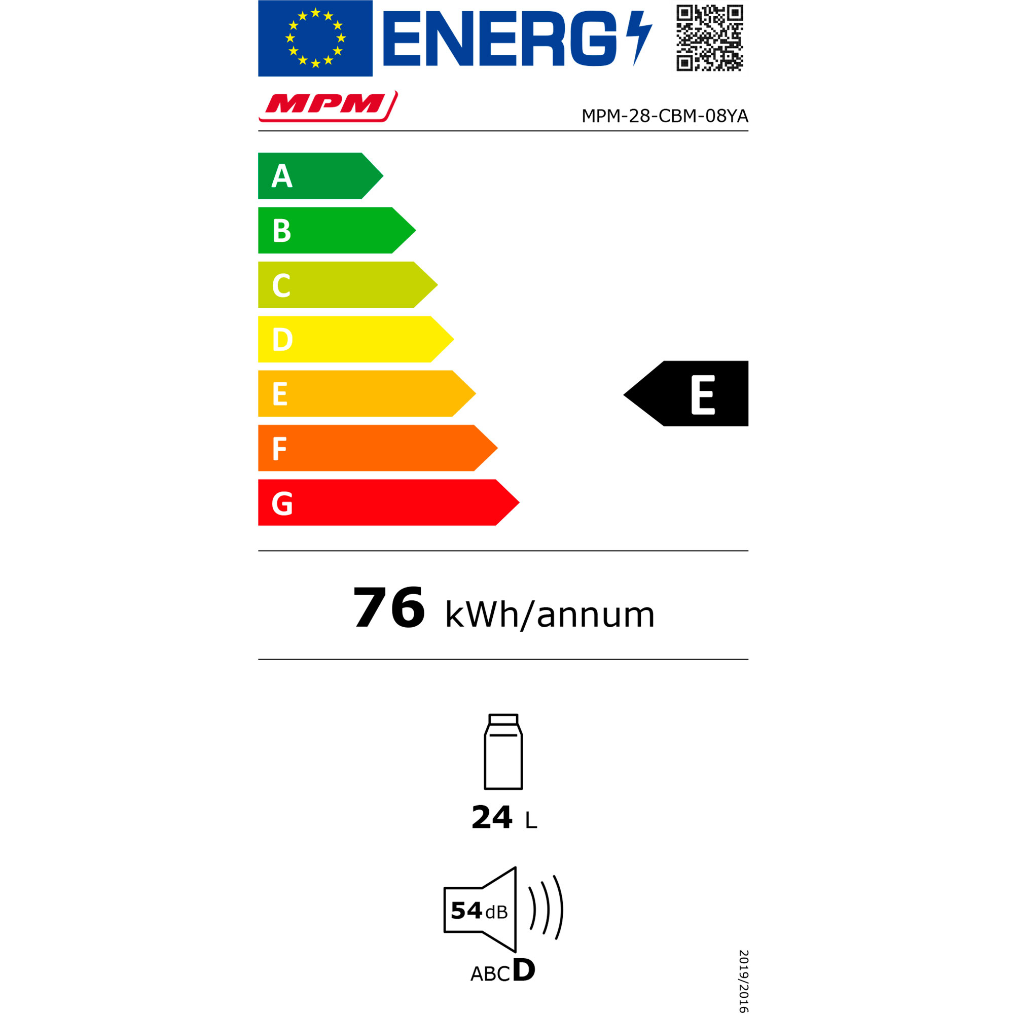 Etiqueta energética para un refrigerador MPM. Muestra eficiencia energética y volumen.