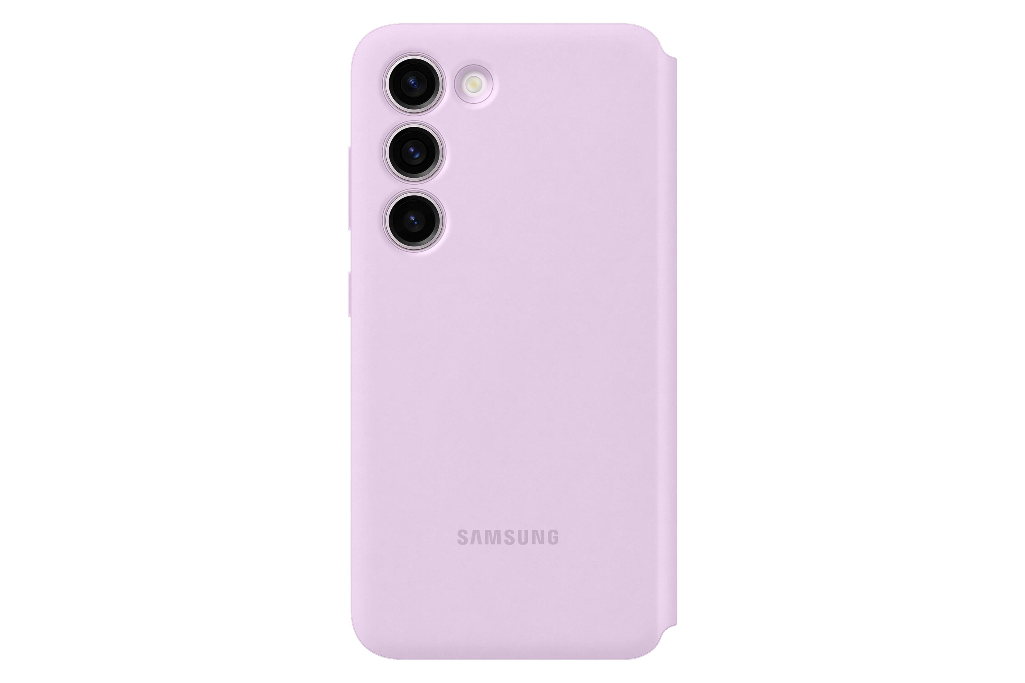 Una custodia lilla con tre obiettivi della fotocamera e un logo Samsung.