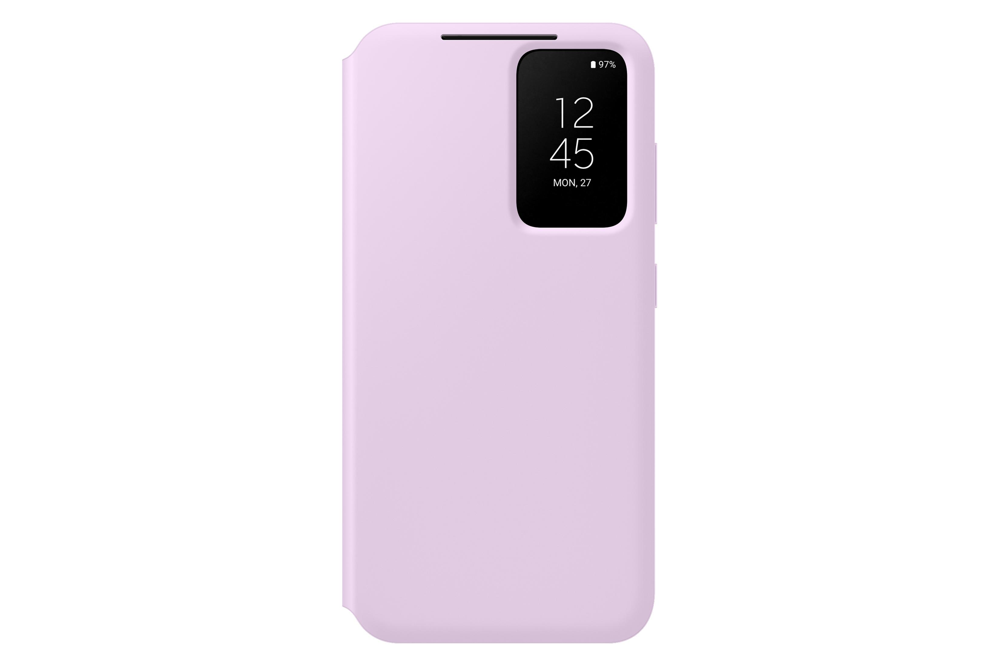 Custodia lilla per telefono con display che mostra l'ora e la percentuale della batteria.