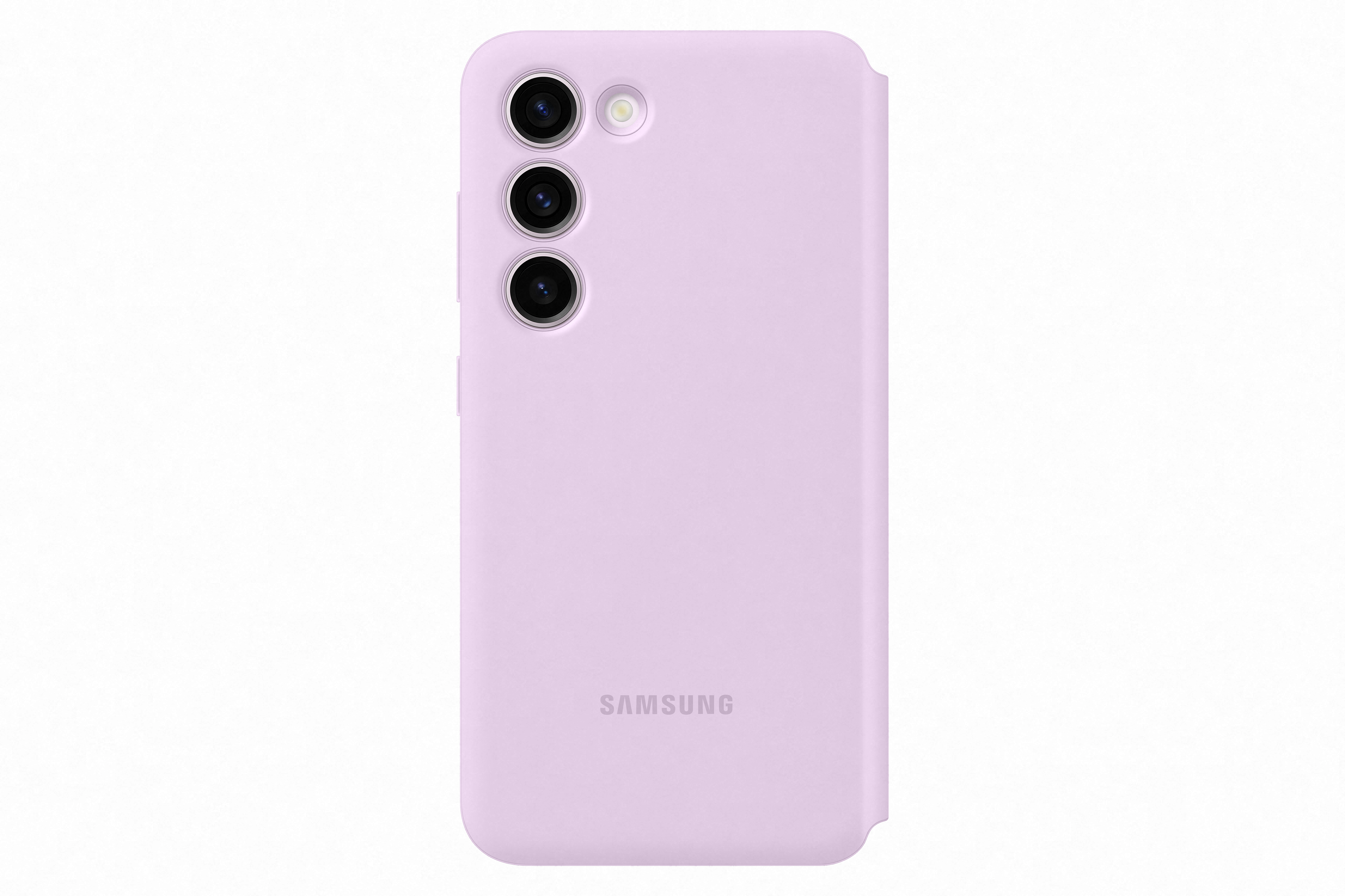 Custodia per telefono lilla con tre obiettivi e un flash. Logo SAMSUNG in basso.