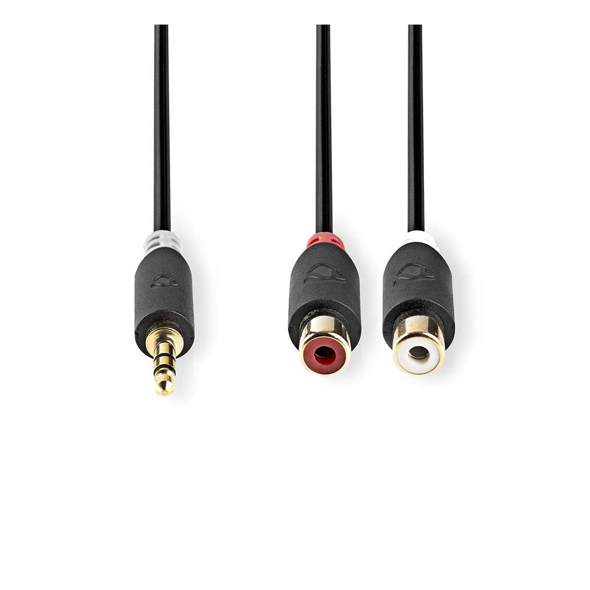 Three audio cables with different connectors: 3.5mm, RCA red, and RCA white.