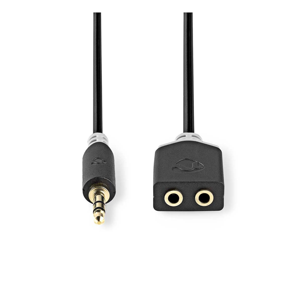 Audio cable with 3.5mm connector, and a female connector with two RCA sockets.