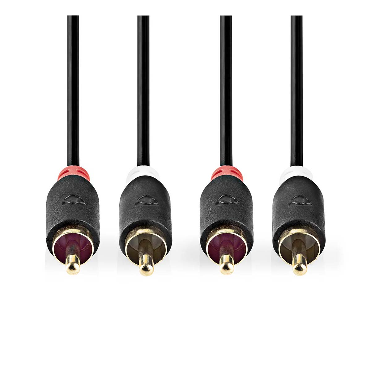 Vier zwarte audiokabels met RCA-connectoren, rode en gouden punten.