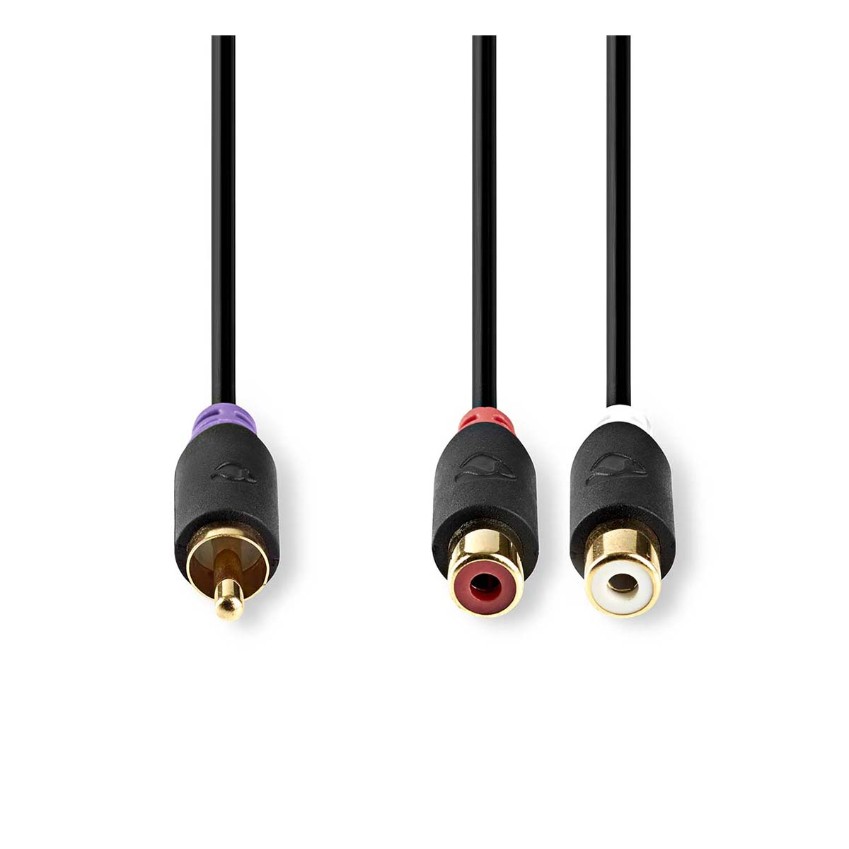 Three audio cables: RCA purple, RCA red and RCA white connectors.