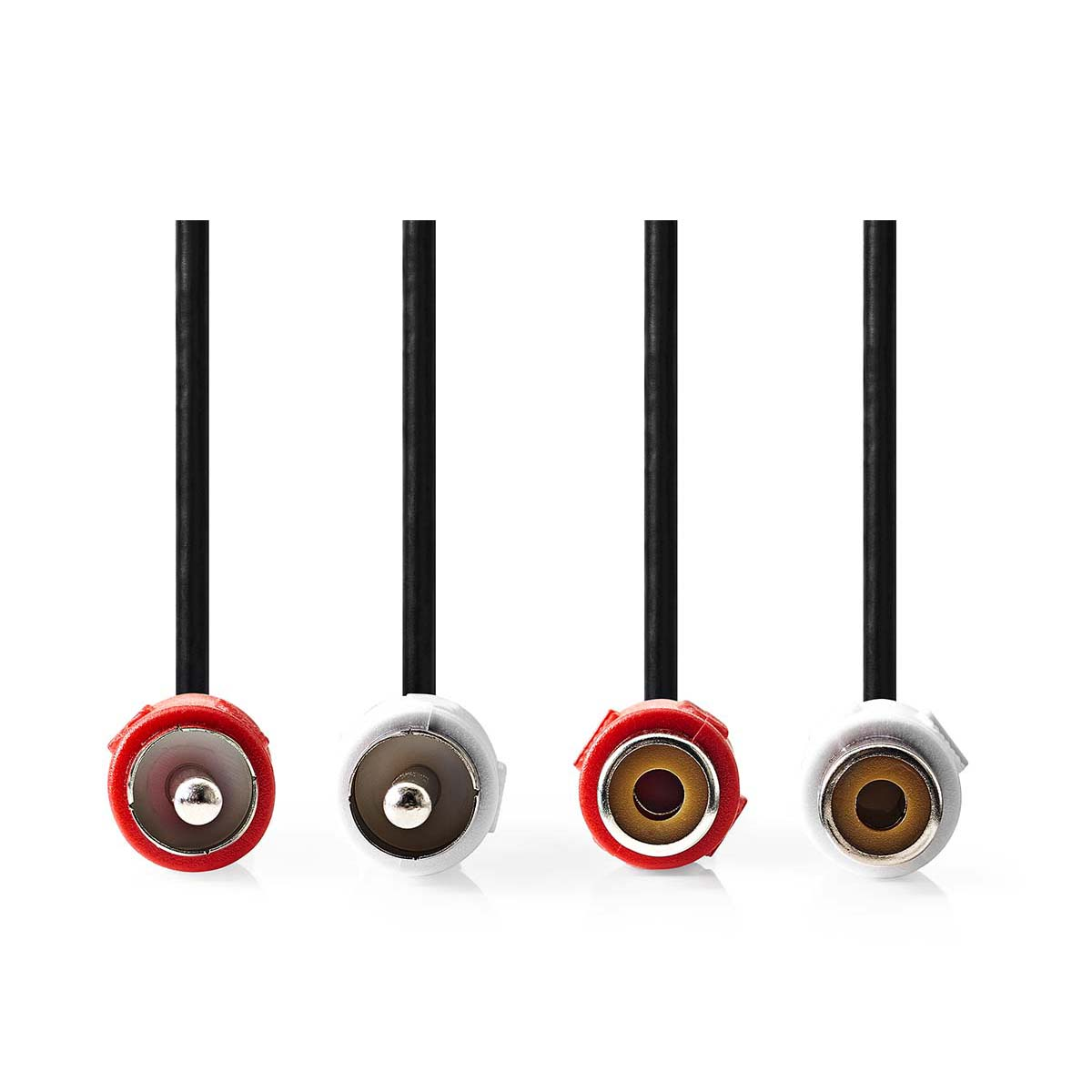 Four black cables with red and white connectors. They are facing upward.