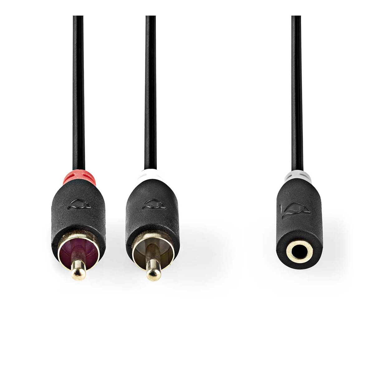 Tre cavi audio con estremità e connettori neri. Uno rosso, uno bianco e uno nero.