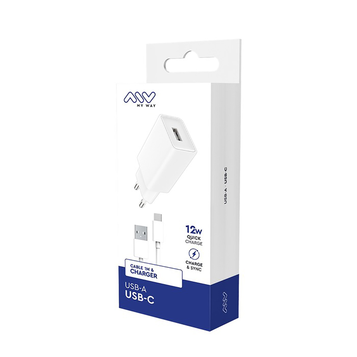 Cargador blanco en una caja con un cable USB-A a USB-C.