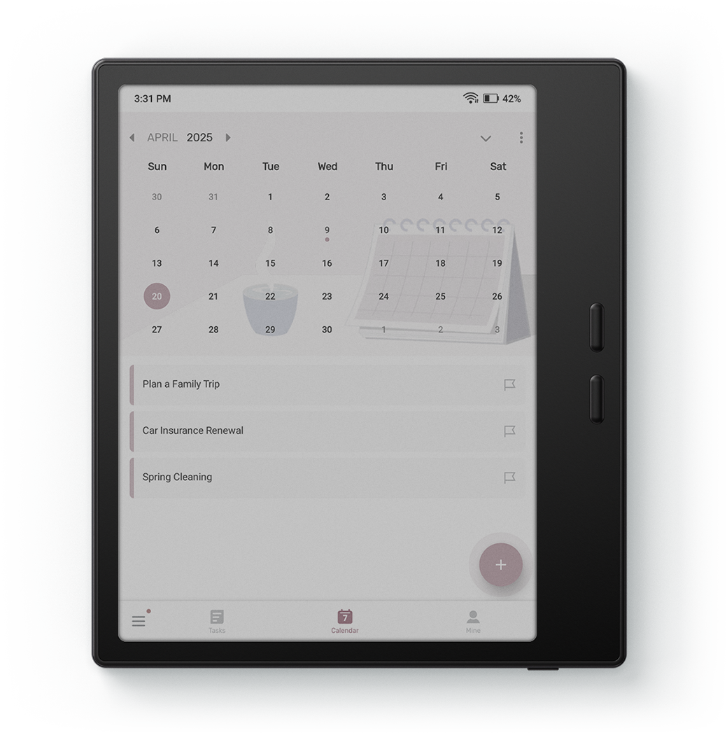 Czytnik e-booków wyświetlający kalendarz na kwiecień 2025 r. Kilka dat jest podświetlonych. Trzy zadania są wymienione.