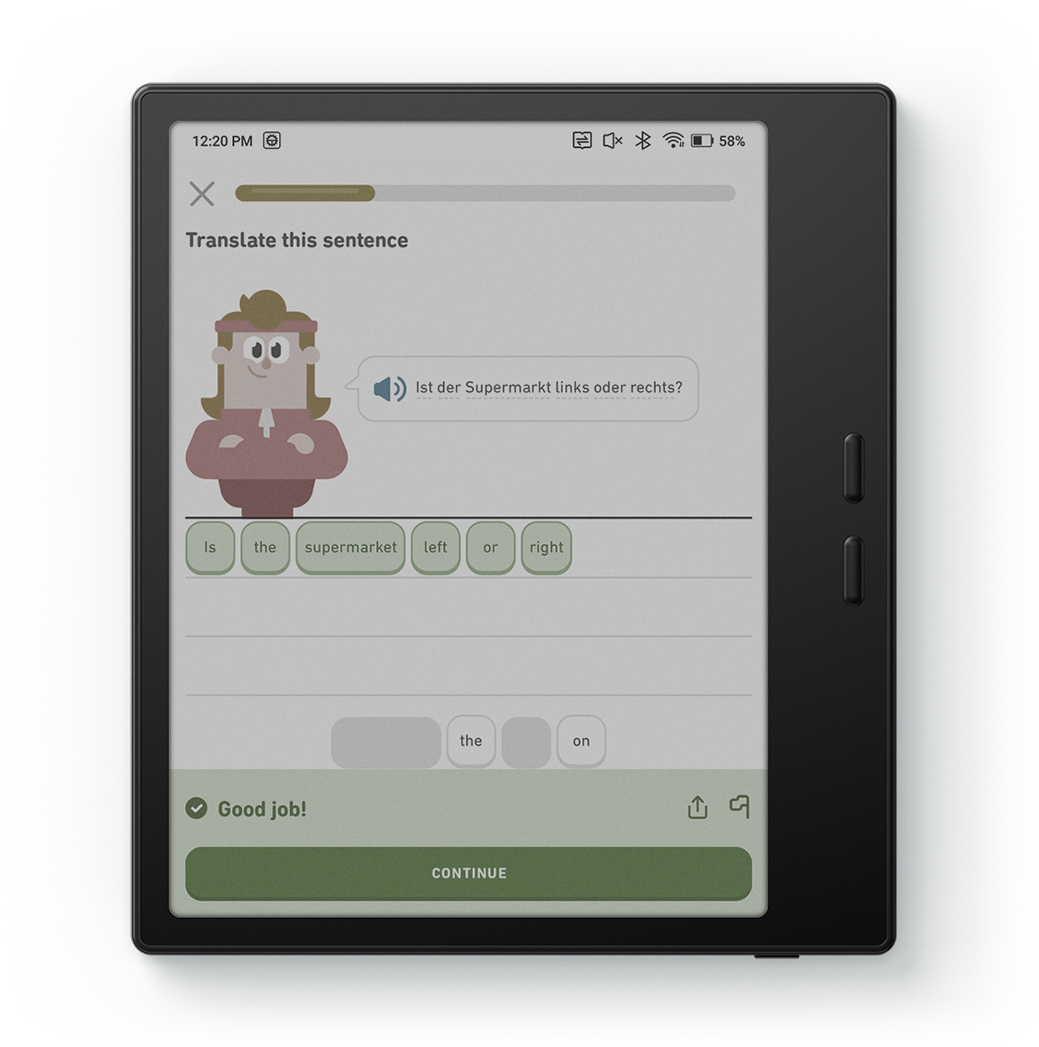 Ekran czytnika e-booków wyświetlający aplikację do nauki języków z ćwiczeniem tłumaczenia.
