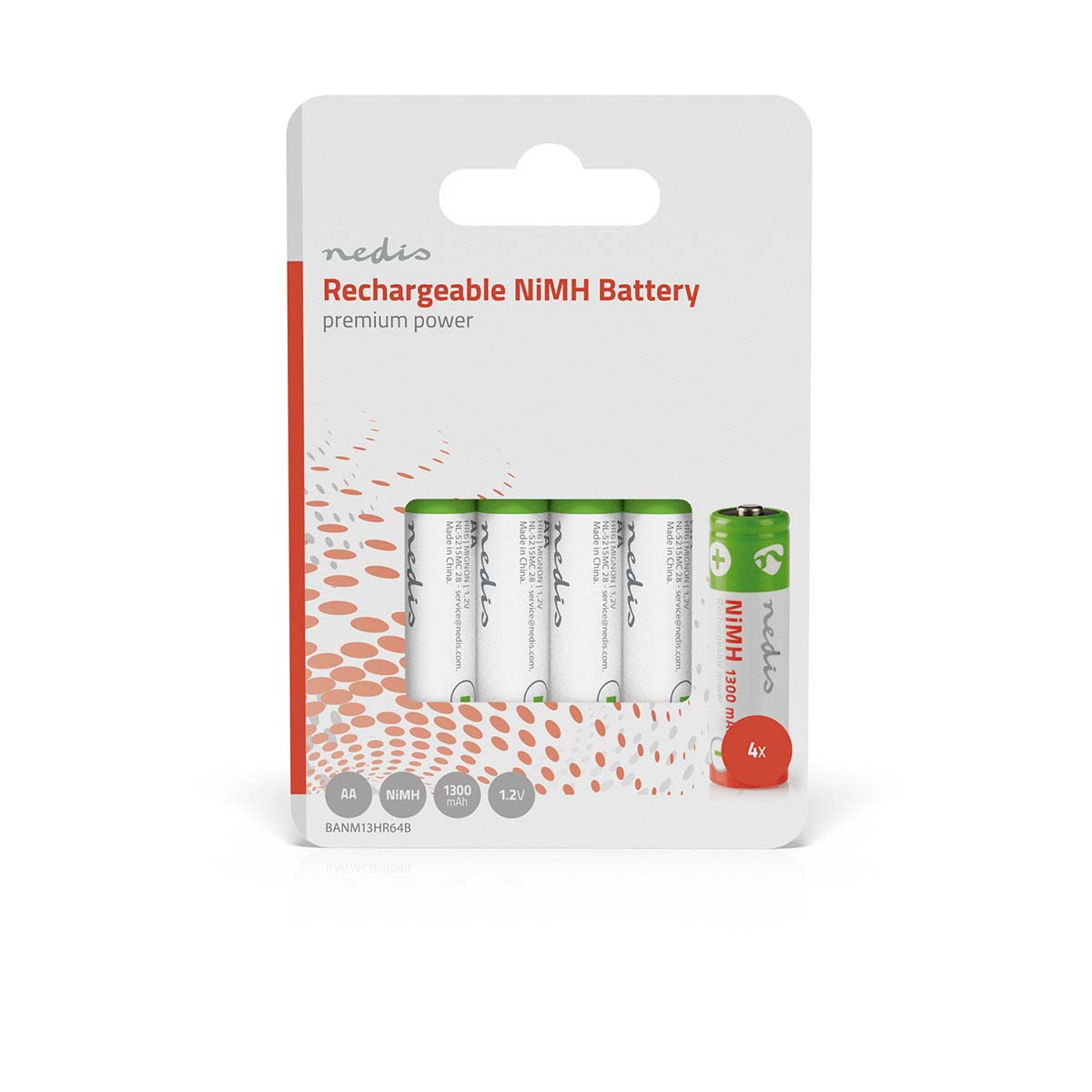 Blisterverpakking met vier AA oplaadbare NiMH-batterijen, met productdetails en branding.