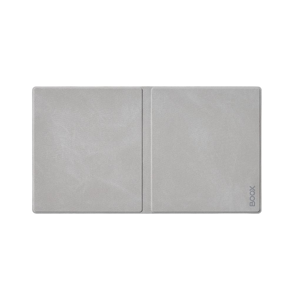 Eine hellgraue Boox Tablet-Hülle, geöffnet. Die Hülle hat zwei Seiten, mit dem Boox-Logo.