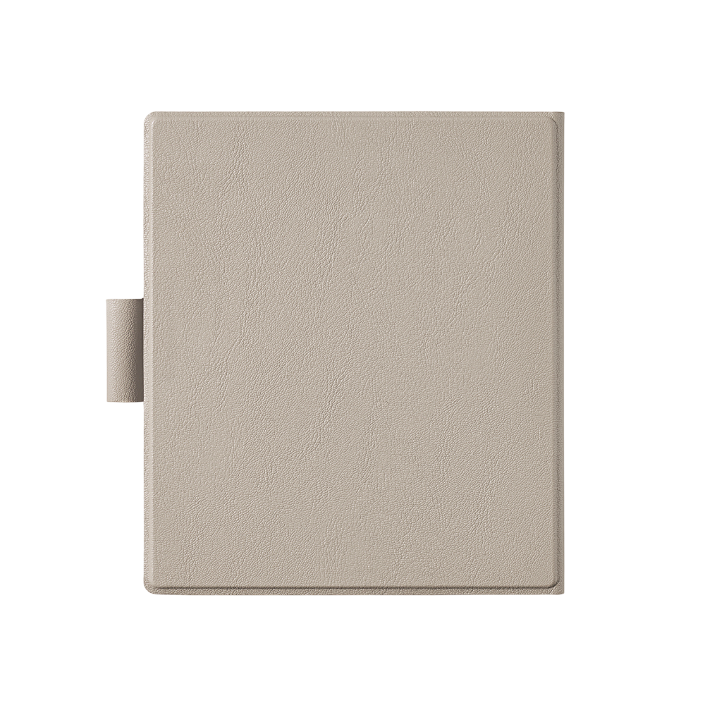 Eine hellbraune Boox Tablet-Hülle, geschlossen. Die Hülle hat eine Lasche auf der rechten Seite.