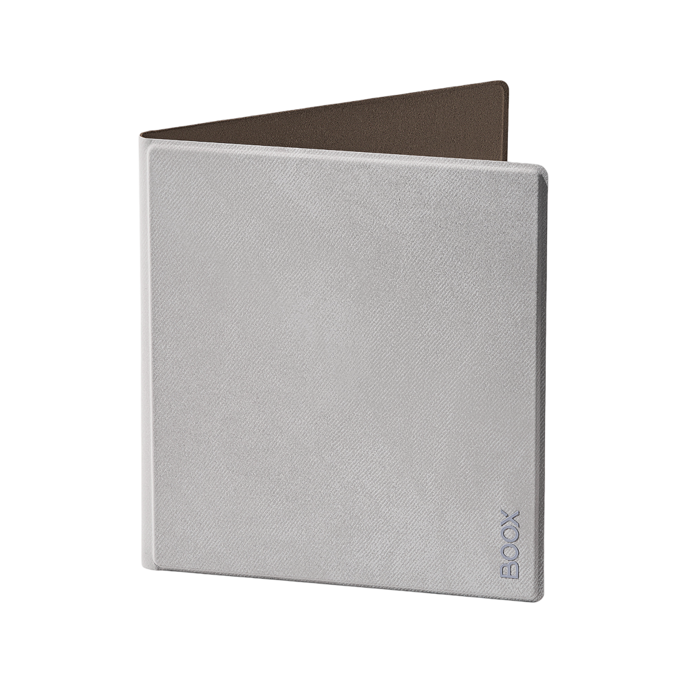 Eine hellgraue Boox Tablet-Hülle. Die Hülle ist geschlossen, das Boox-Logo ist sichtbar.